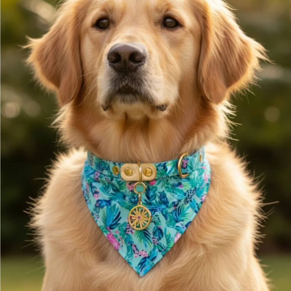 LILLY PULITZER LEATHER CANVAS DOG COLLAR Floral pup Bandana with Pendant M/L M L